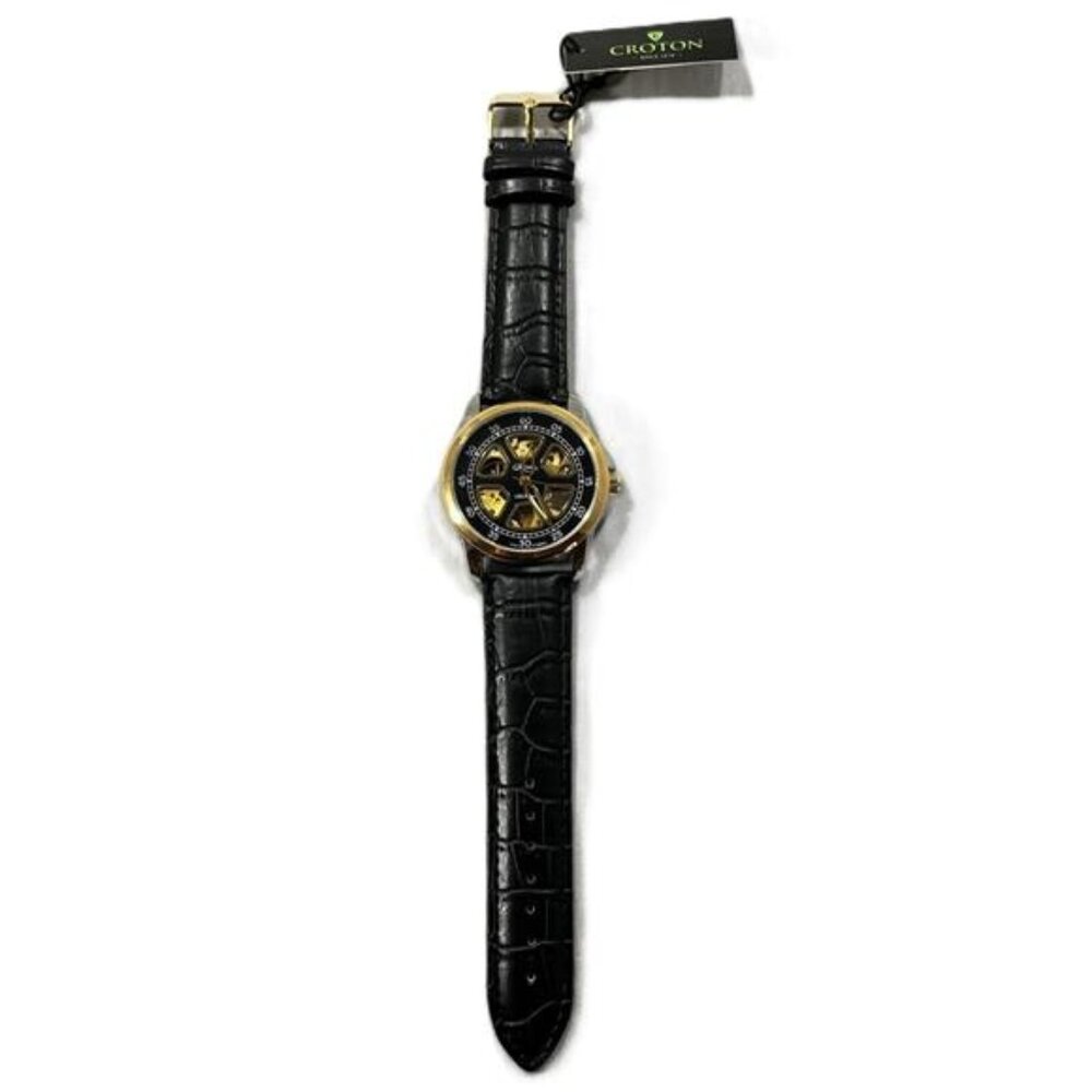 NEW Croton Men's Watch Reliance Automatic Timepiece Black and Gold Skeleton